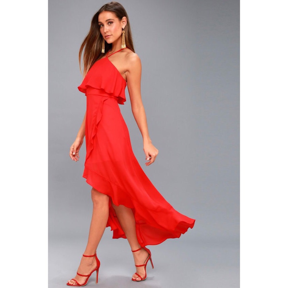 Lulus Magic in Milan Red High-Low Midi Dress